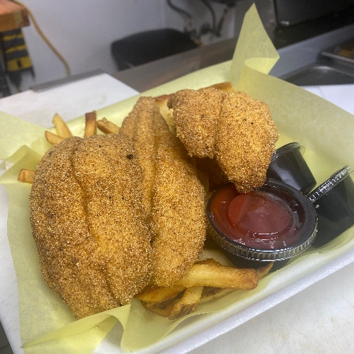 Two piece fried catfish dinner with fries and Texas toast