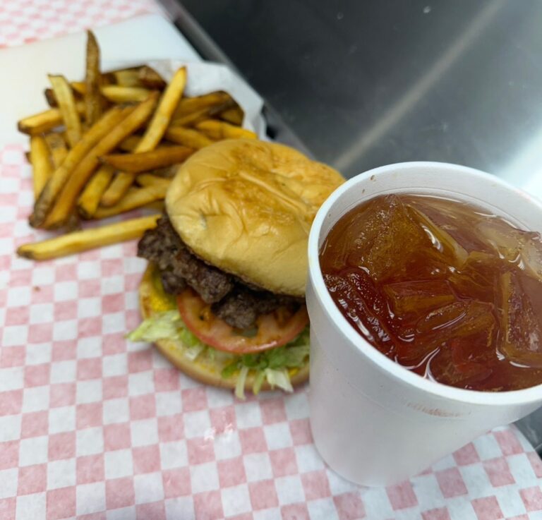 Burger combo with fries and a drink